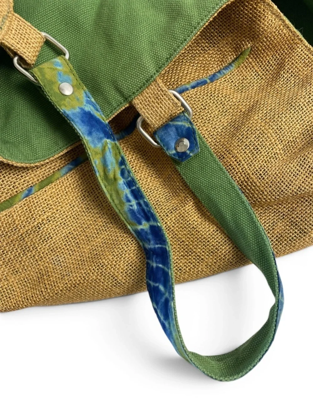 Roberta Freymann “Ro’s Voyages” Reversible Burlap Jute Tote Tie-Die Boho Bag